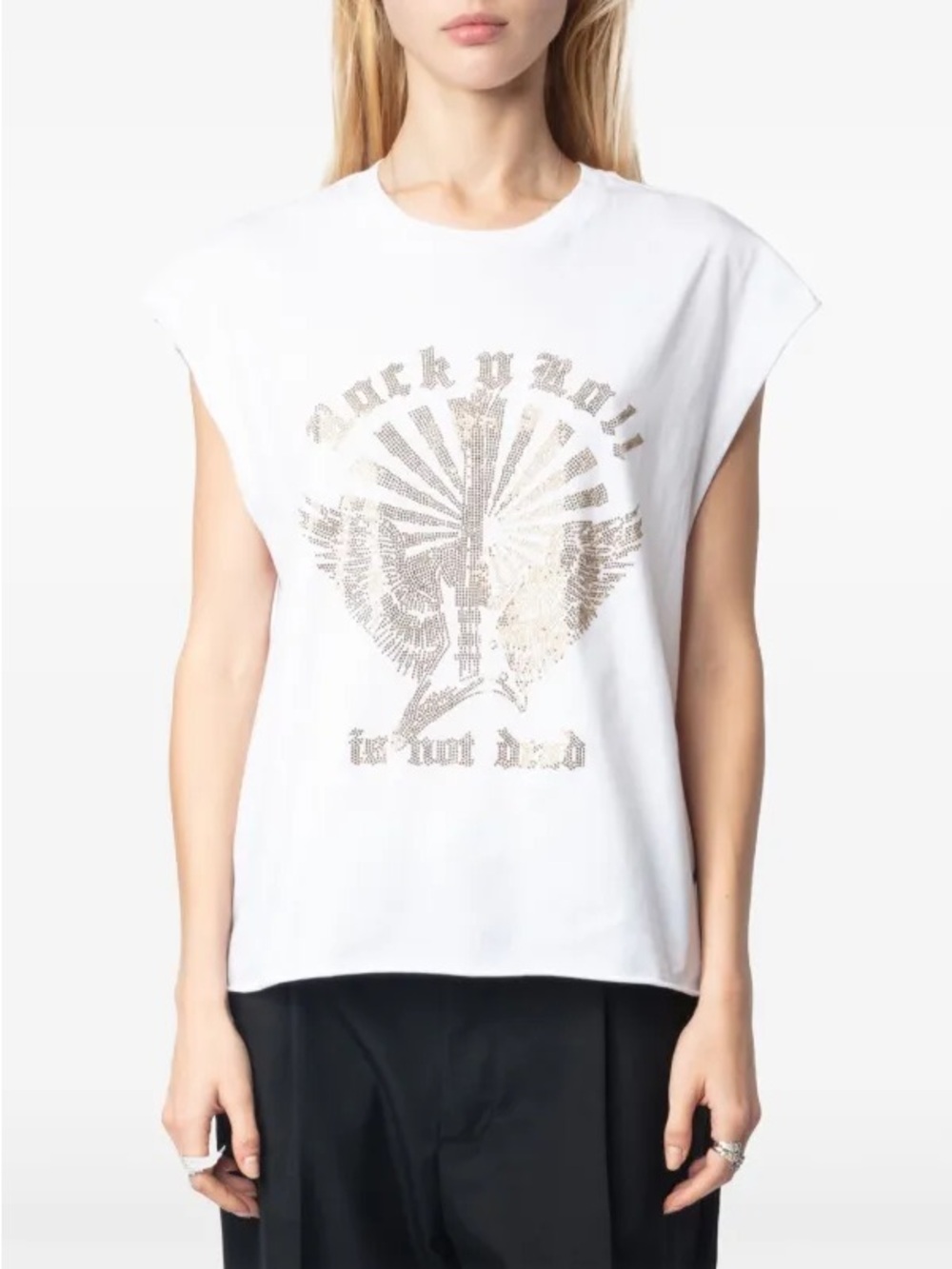 Zadig & Voltaire Cloe Rock’n Roll Rhinestone Graphic Tee NWT Size Small White - Picture 5 of 10